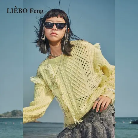裂帛LIEBOFeng设计师品牌2023年慵懒风镂空绑带温柔鹅黄色针织衫图片