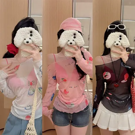 彩绘趣味印花斜肩防晒罩衫女春夏季2025新款薄款宽松长袖t恤上衣商品大图