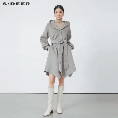sdeer圣迪奥女装连帽收腰长款泡泡袖毛呢大衣S224Z2511商品大图