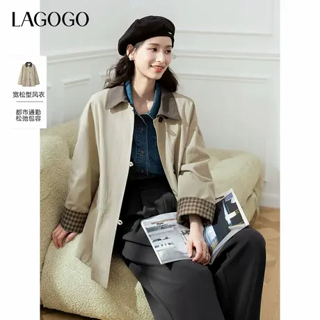 LAGOGO巴恩风气质风衣女拉谷谷2025年秋季新款撞色格纹长袖外套图片