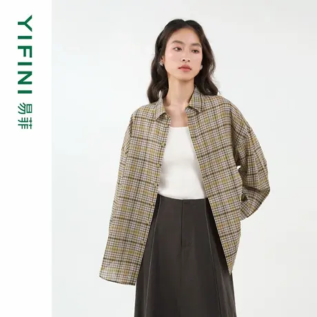 [专柜同款]Yifini/易菲男女同款宽松纯棉格纹印花衬衫2025秋新款商品大图