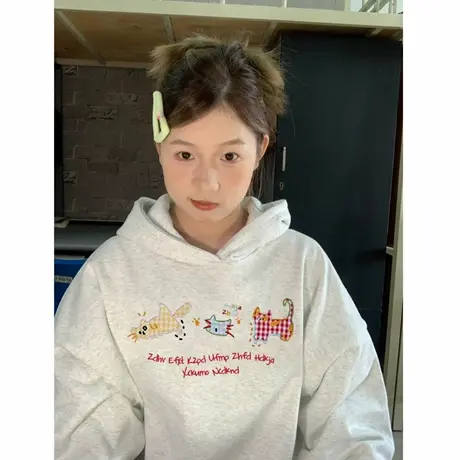 高街重磅秋冬银狐绒卫衣女2025新款爆款灰色连帽加绒加厚美式宽松商品大图