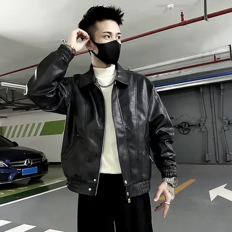 美式复古PU皮衣外套男春秋季纯色个性潮牌嘻哈痞帅机车服皮衣夹克图片