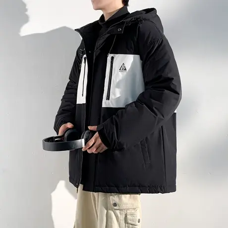 唐狮冬季新款棉衣男款连帽潮流撞色拼接棉服黑色保暖防寒外套TD商品大图