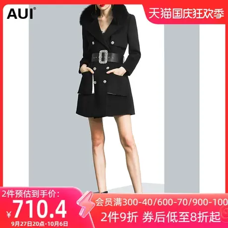 黑色干练帅气可拆卸毛领毛呢外套女冬2022新款双排扣收腰呢子大衣图片