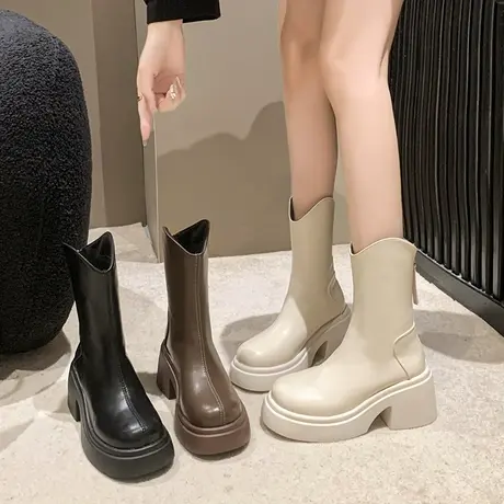 厚底粗跟短靴女马丁靴2023秋冬新款韩版百搭黑色高跟圆头中筒靴图片