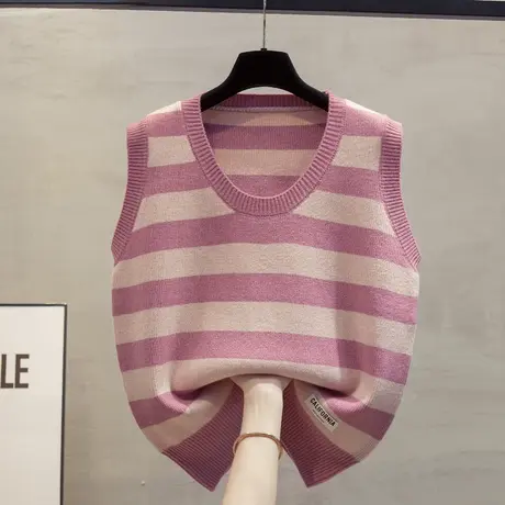 圆领条纹针织马甲背心女2023秋装新款宽松外穿马夹叠穿毛衣坎肩潮商品大图