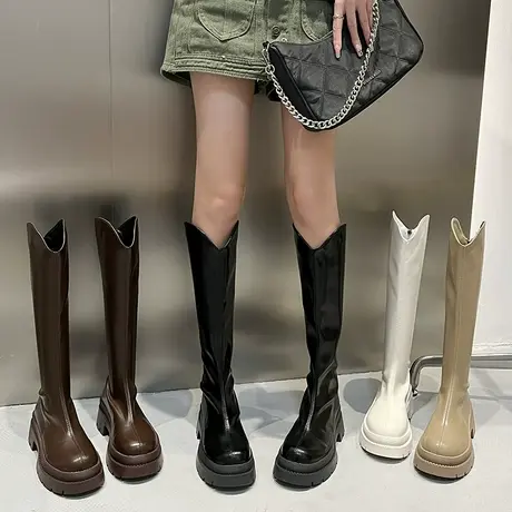 厚底长筒靴女2023年新款秋冬季不过膝长靴大筒围小个子瘦瘦骑士靴图片