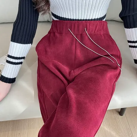 酒红色雪尼尔阔腿裤女冬季加绒高腰直筒休闲灯芯绒垂感窄版拖地裤商品大图