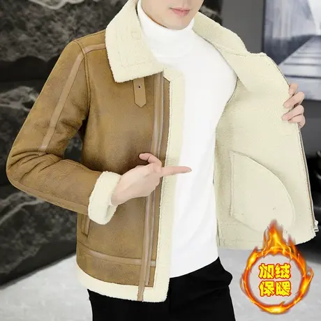 秋冬季潮牌保暖鹿皮绒夹克男加绒加厚羊羔毛皮毛一体皮衣外套袄子商品大图