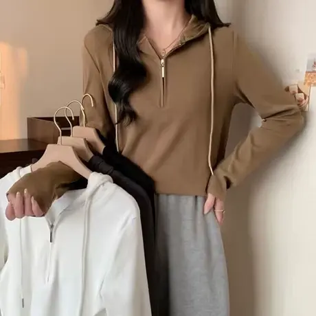 半拉链连帽T恤长袖女2023新款秋冬加绒加厚内搭修身打底衫上衣服商品大图