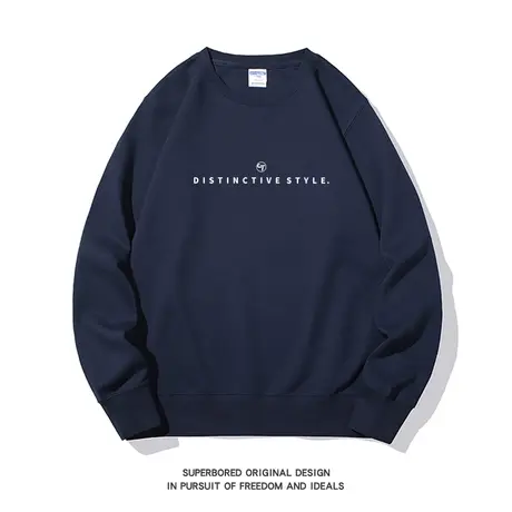 美式复古潮流字母印花深蓝色卫衣男秋冬季新款圆领宽松休闲上衣图片