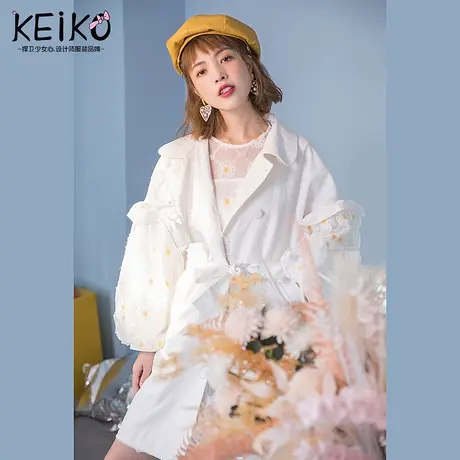 蕾丝泡泡袖系带风衣女2021春款气质流行炸街韩版宽松中长款外套图片