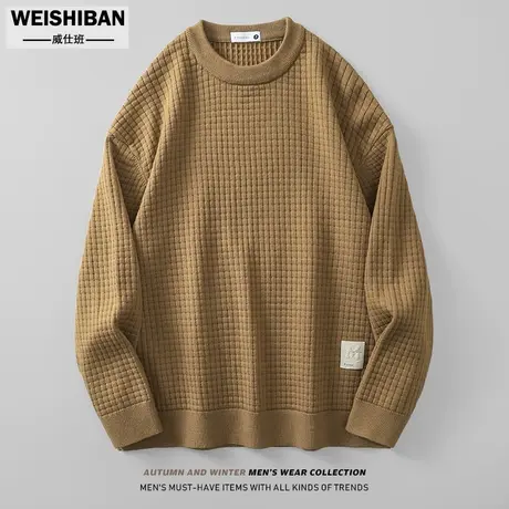高级感纯色华夫格圆领针织衫男士2023冬季新款简约时尚套头毛衣男图片