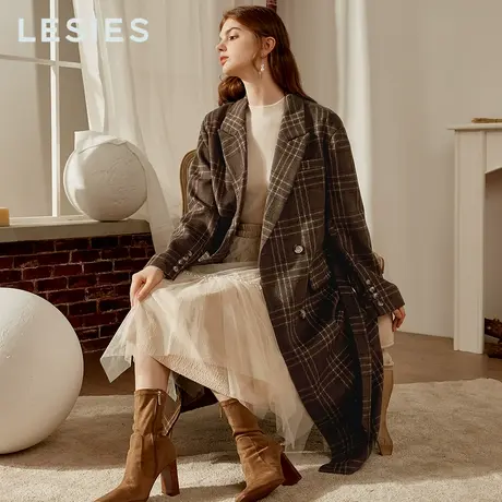 蓝色倾情秋冬季新款格子廓形复古双排扣长款过膝羊毛呢子大衣外套图片