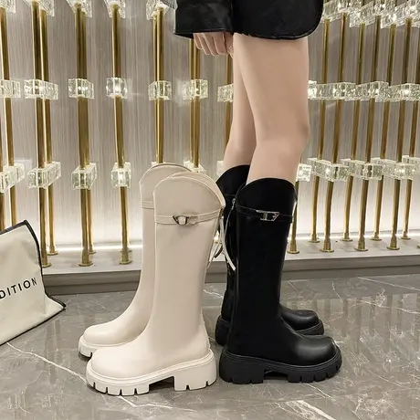 永希靴子女长筒靴2023春秋新款英伦风爆款小个子V口不过膝骑士靴图片