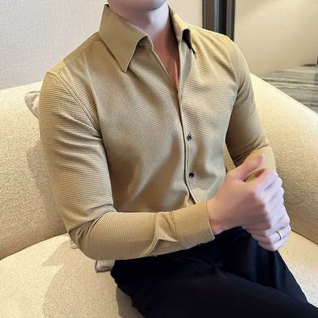 秋冬加厚华夫格定型大V领衬衫男长袖时尚设计感休闲痞帅打底寸衣商品大图