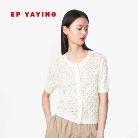 EP YAYING雅莹女装 镂空格纹棉质短袖针织衫 夏装商场同款9112A图片