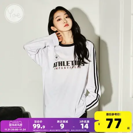 yoe美式复古拼接白色长袖T恤女打底衫运动潮牌内搭纯棉上衣女装图片