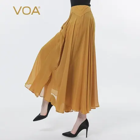VOA真丝乔其棕黄自然腰拼接立体活页装饰双层宽松桑蚕丝阔腿裙裤图片