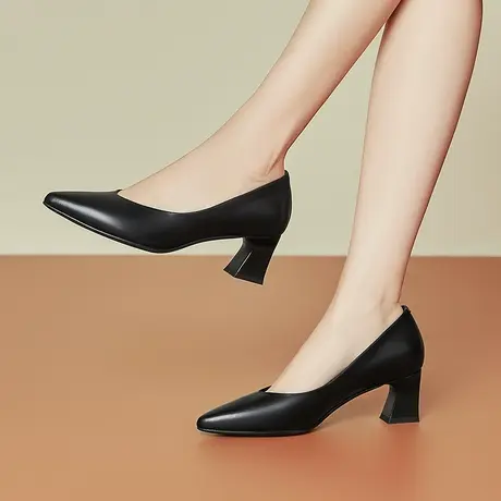 尖头粗跟单鞋女四季女鞋新款黑色软皮高跟鞋久站不累脚职业工作鞋图片