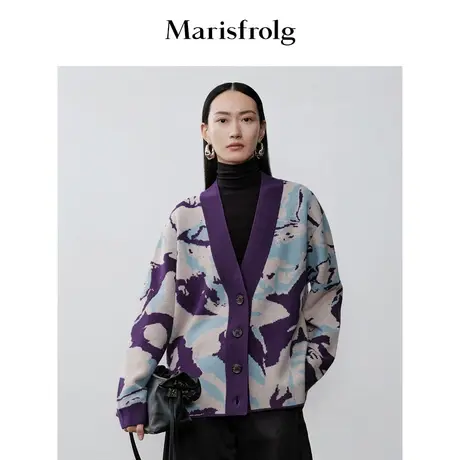 【商场同款】玛丝菲尔冬季新款绵羊毛撞色印花V领针织开衫商品大图