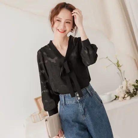 桔熊春秋季气质微透蕾丝雪纺衫蝴蝶结领泡泡袖上衣女大码AB14596商品大图