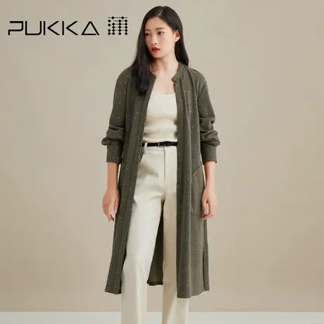 蒲PUKKA 毛呢外套女圆领纽扣中长款大衣女系带收腰休闲新款图片