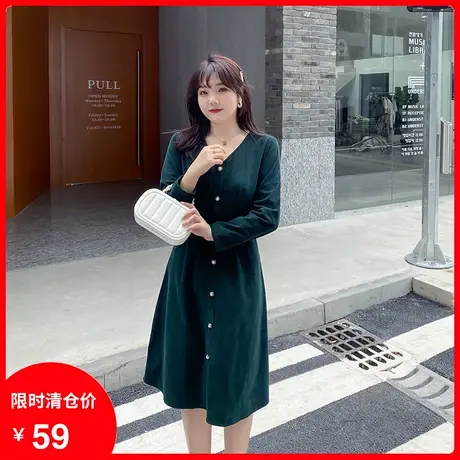 绮娑2023秋新款V领显瘦法式收腰长袖中长款灯芯绒大码胖MM连衣裙商品大图