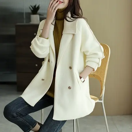 宝诗黎双排扣针织拼接翻领毛呢外套秋冬高级感气质中长款大衣女装图片