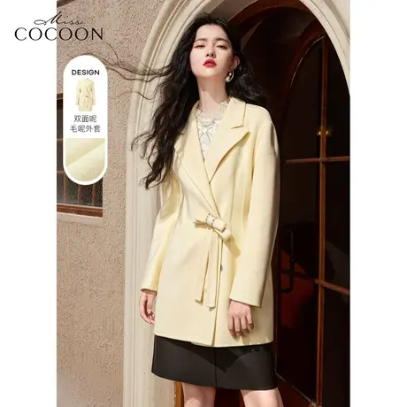 MISSCOCOON黄色双面毛呢外套女2022新款设计感蝴蝶结羊毛呢子大衣商品大图