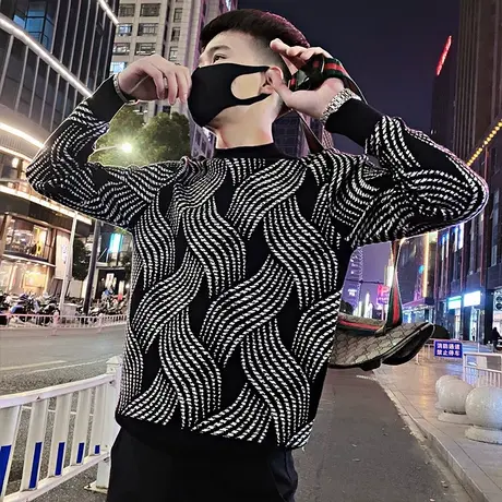 半高领毛衣男秋冬季2023新款花色设计感个性原宿宽松套头针织线衣商品大图