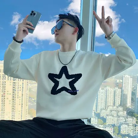 潮牌圆领卫衣春秋季痞帅长袖T恤2023新款男装上衣五角星图案外套图片