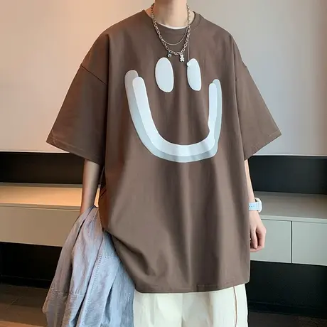 港风短袖t恤男宽松大笑脸印花ins潮牌夏季衣服五分半袖潮流打底衫商品大图