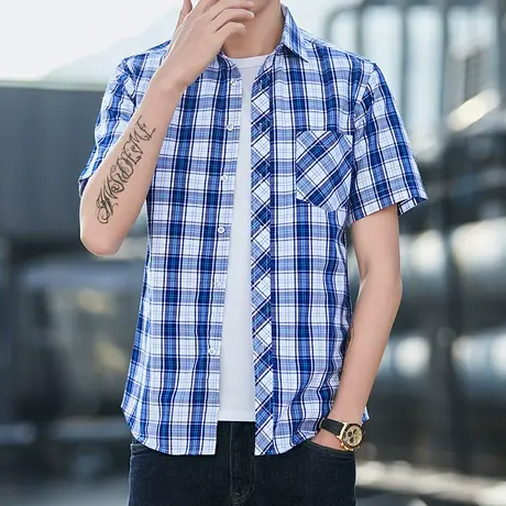 短袖衬衫男夏装格子衬衣薄款上衣青年半袖韩版打底衫潮流男装t恤商品大图