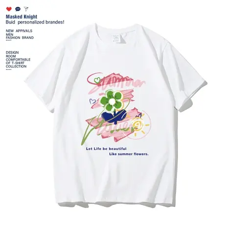 夏季新款潮牌花朵花卉印花短袖t恤男学生纯棉宽松休闲圆领打底衫商品大图