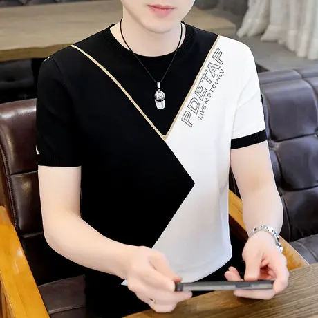 2023新款潮牌高端烫钻短袖t恤男士痞帅拼色冰丝凉感透气针织体恤商品大图