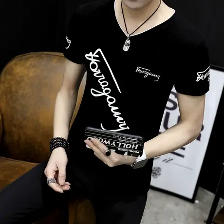 男士短袖男t恤韩版潮流2025夏天新款百搭修身学生个性V领半袖体恤图片