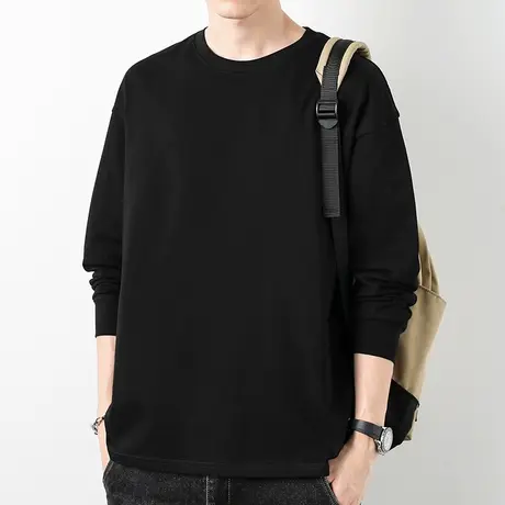 240g重磅纯棉长袖t恤男纯色黑色宽松内搭打底衫圆领秋季全棉秋衣图片