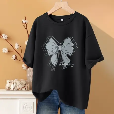 ZR真维斯黑色纯棉短袖t恤女夏2023新款 休闲百搭感半袖宽松上衣女商品大图