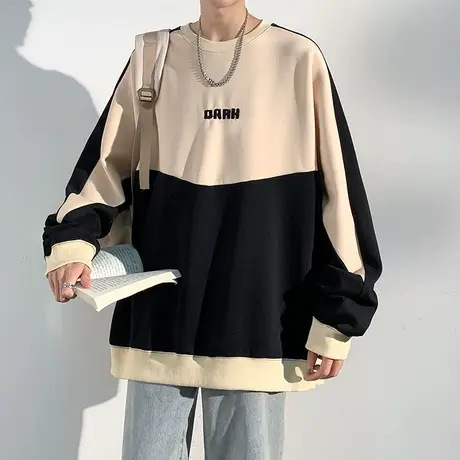 秋季重磅圆领卫衣男款时尚休闲长袖t恤潮牌拼色宽松学生无帽上衣商品大图