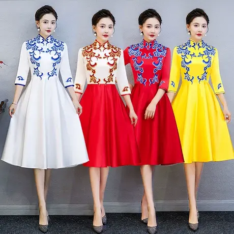 中袖中款礼仪旗袍迎宾服装颁奖服酒宴会礼服连衣裙大合唱演出服装商品大图