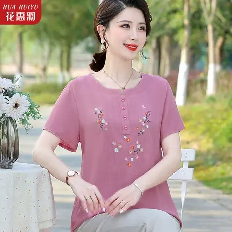 中年人短袖t恤女士夏装宽松大码上衣中老年妈妈棉麻体恤洋气小衫商品大图
