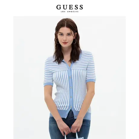GUESS新款女士领撞色条纹短袖针织开衫-W3GR42Z37V0商品大图