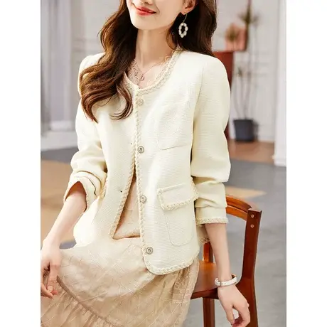 时尚气质外套2023年秋季新款女装圆领长袖温柔淑女短款小香风上衣商品大图