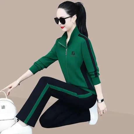 立领休闲运动服套装女春秋新款洋气减龄拉链卫衣外套直筒裤两件套商品大图