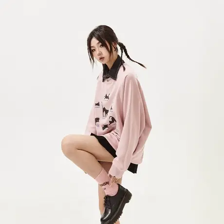 YEP动物印花圆领卫衣女春秋2024年新款潮牌内搭宽松无帽上衣商品大图