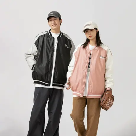美式潮牌街头PU皮棉服女冬季棒球服外套2023新款情侣复古宽松棉衣商品大图