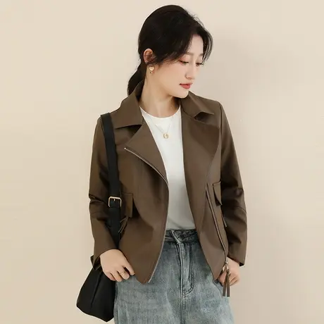 韩潮袭人洋气西装领深咖皮夹克女2023冬新款时尚气质机车服外套厚图片