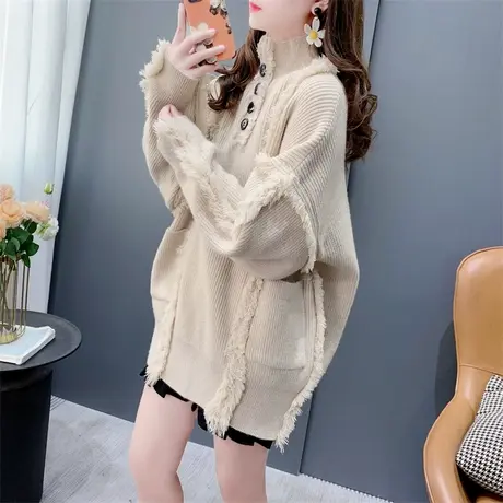 设计感流苏半高领毛衣女2023新款秋冬韩版宽松慵懒风洋气减龄上衣商品大图